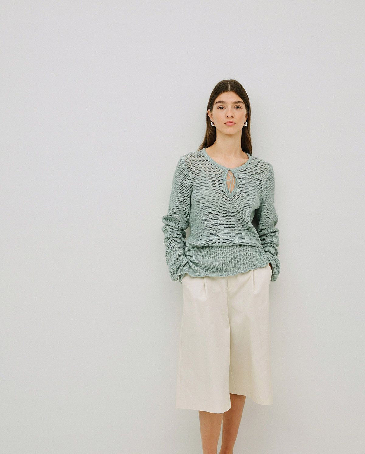 Iight Green Openwork Jumper With Tie