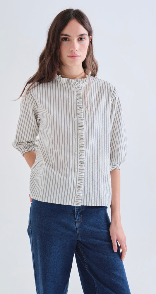 Black Striped Shirt with Ruffle Detail