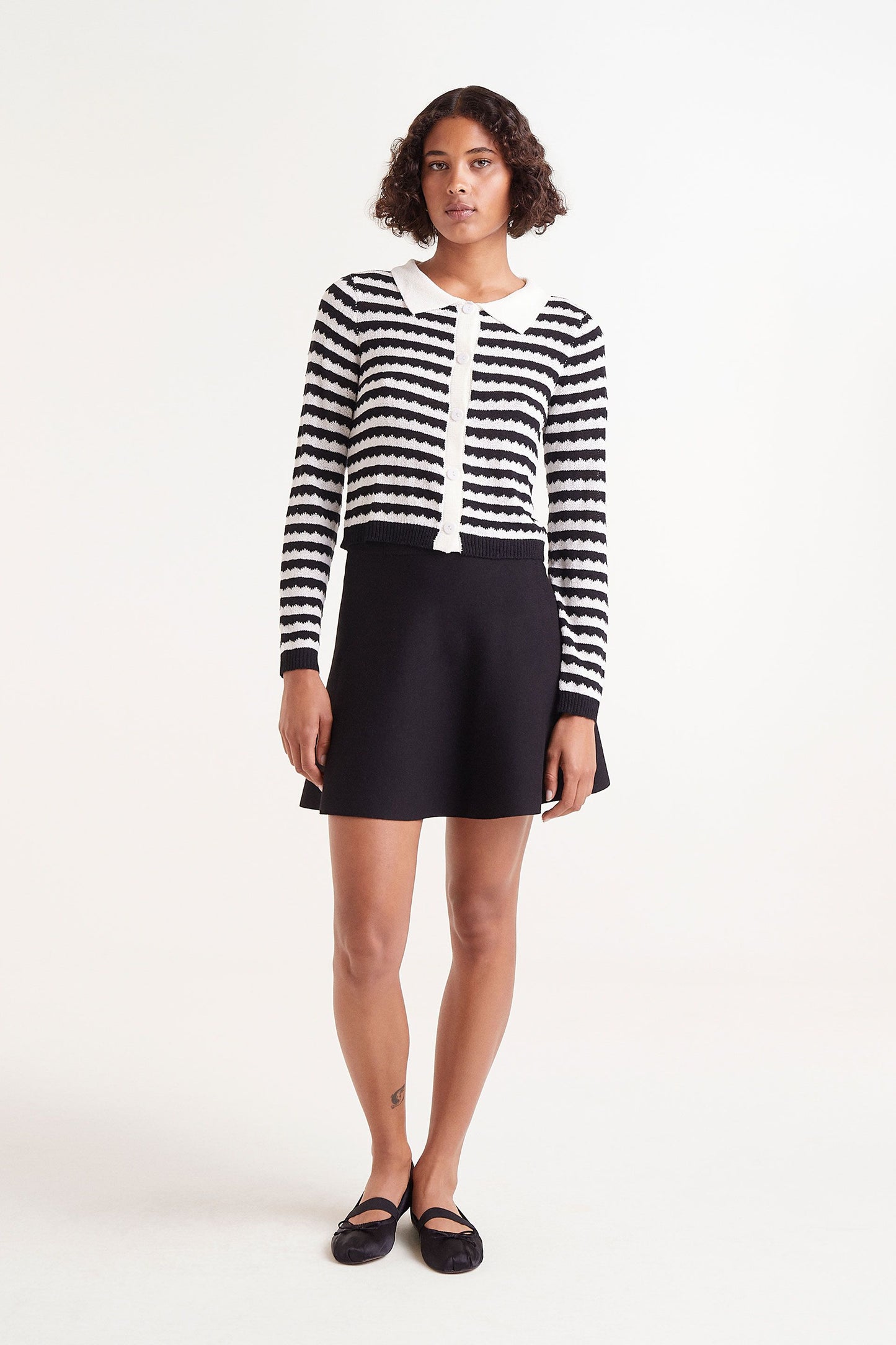 Black Striped Polo Collar Cardigan