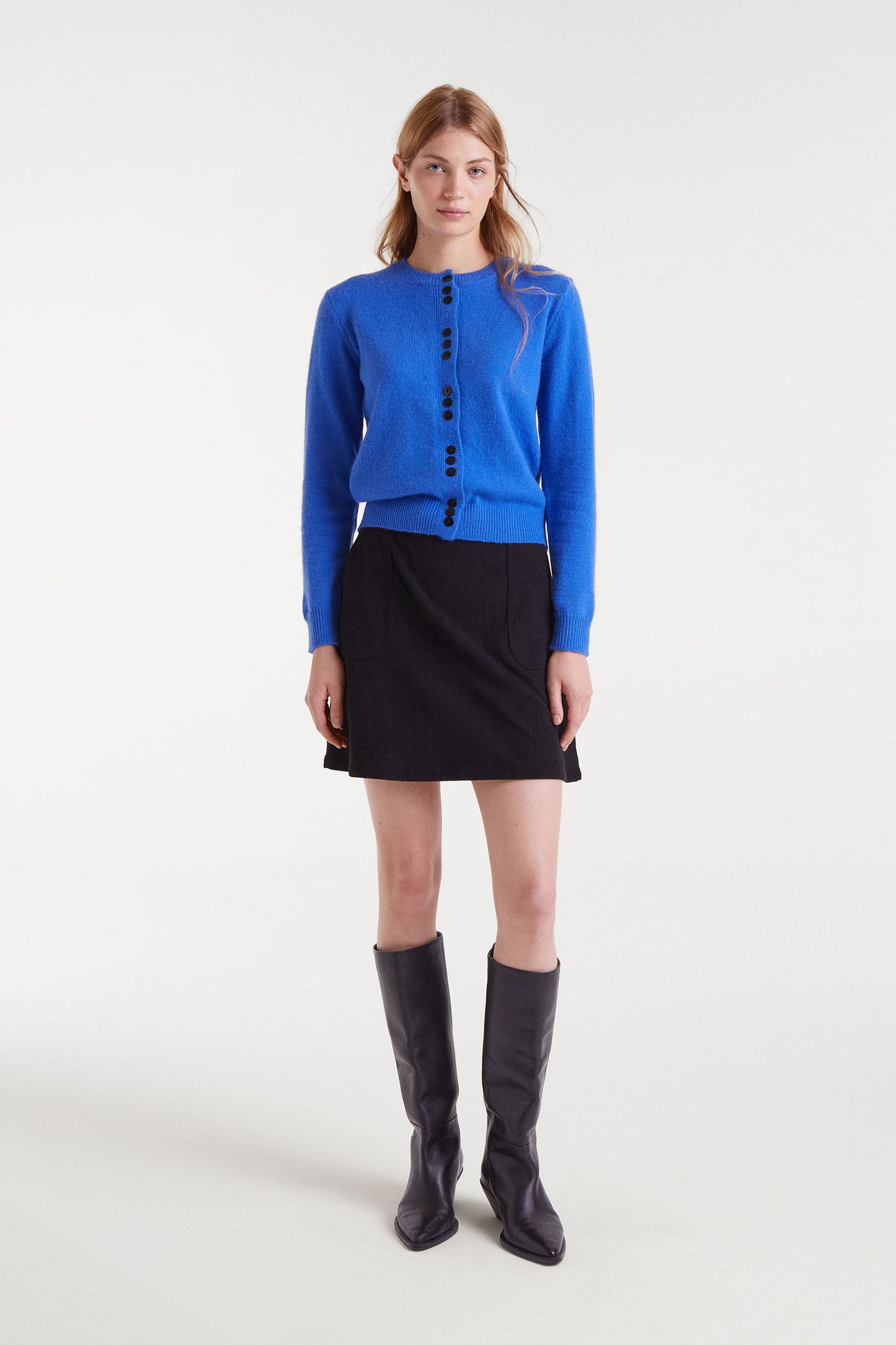 Blue Knit Cardigan with Velvet Details