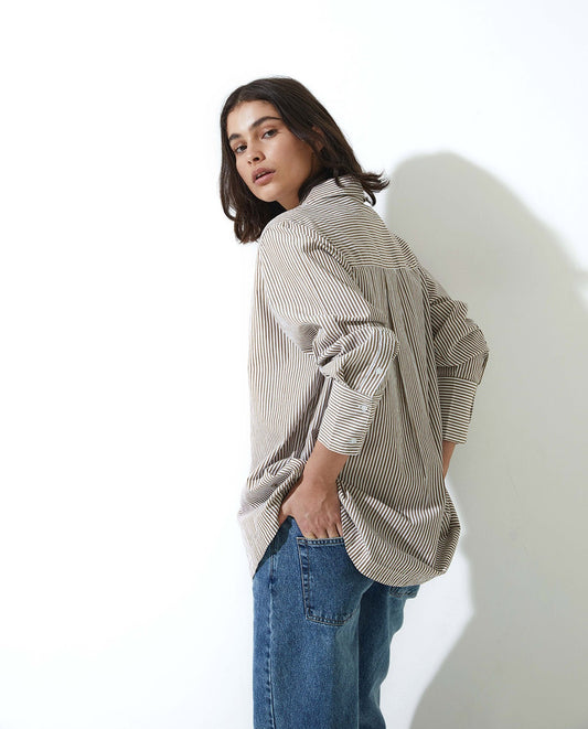 Camel Striped Organic-Cotton Poplin Shirt