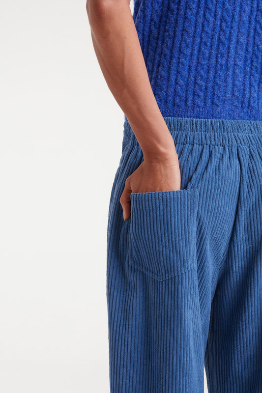 Blue Elasticated Corduroy Straight Pants