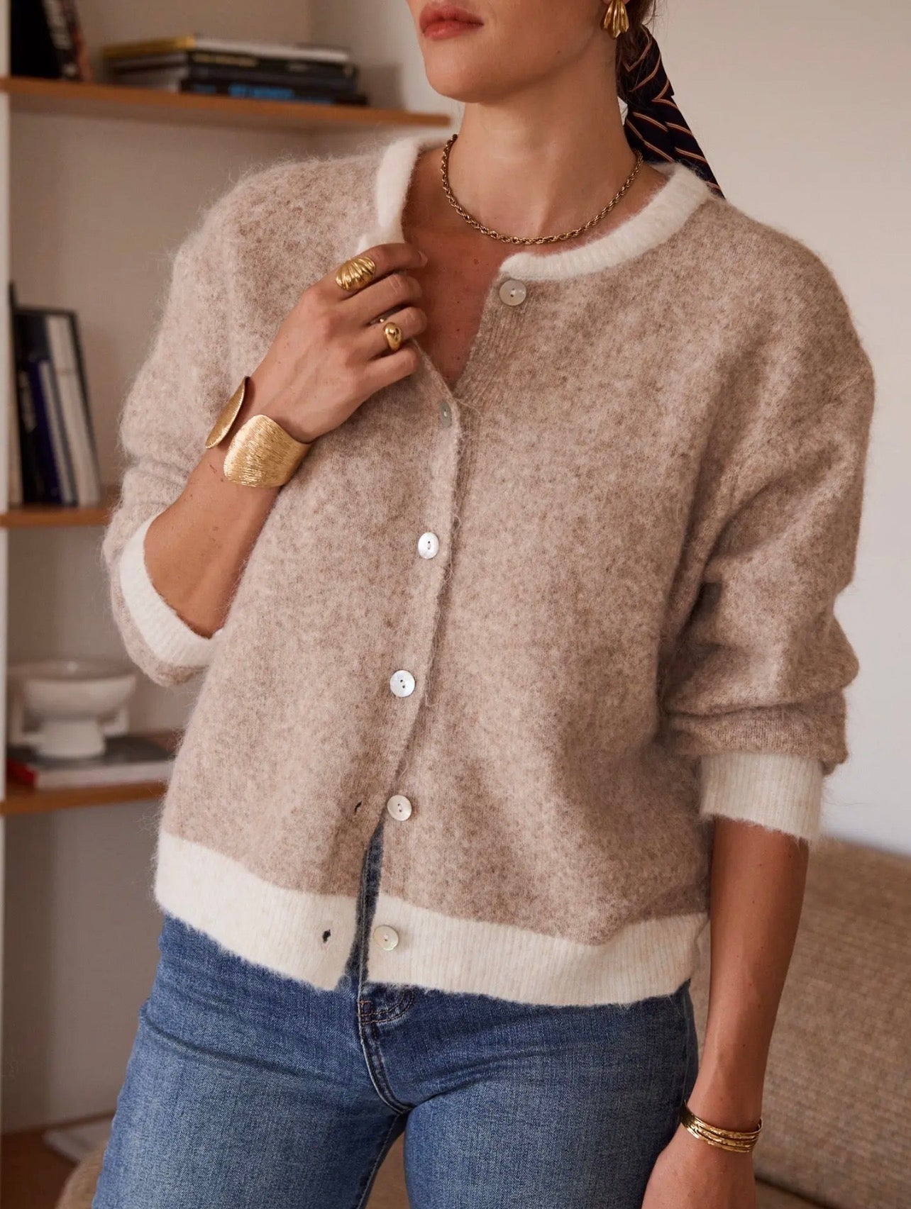 Taupe Two Tone Knitted Cardigan