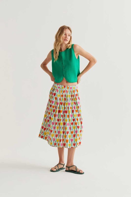 Tulip Print Midi Skirt