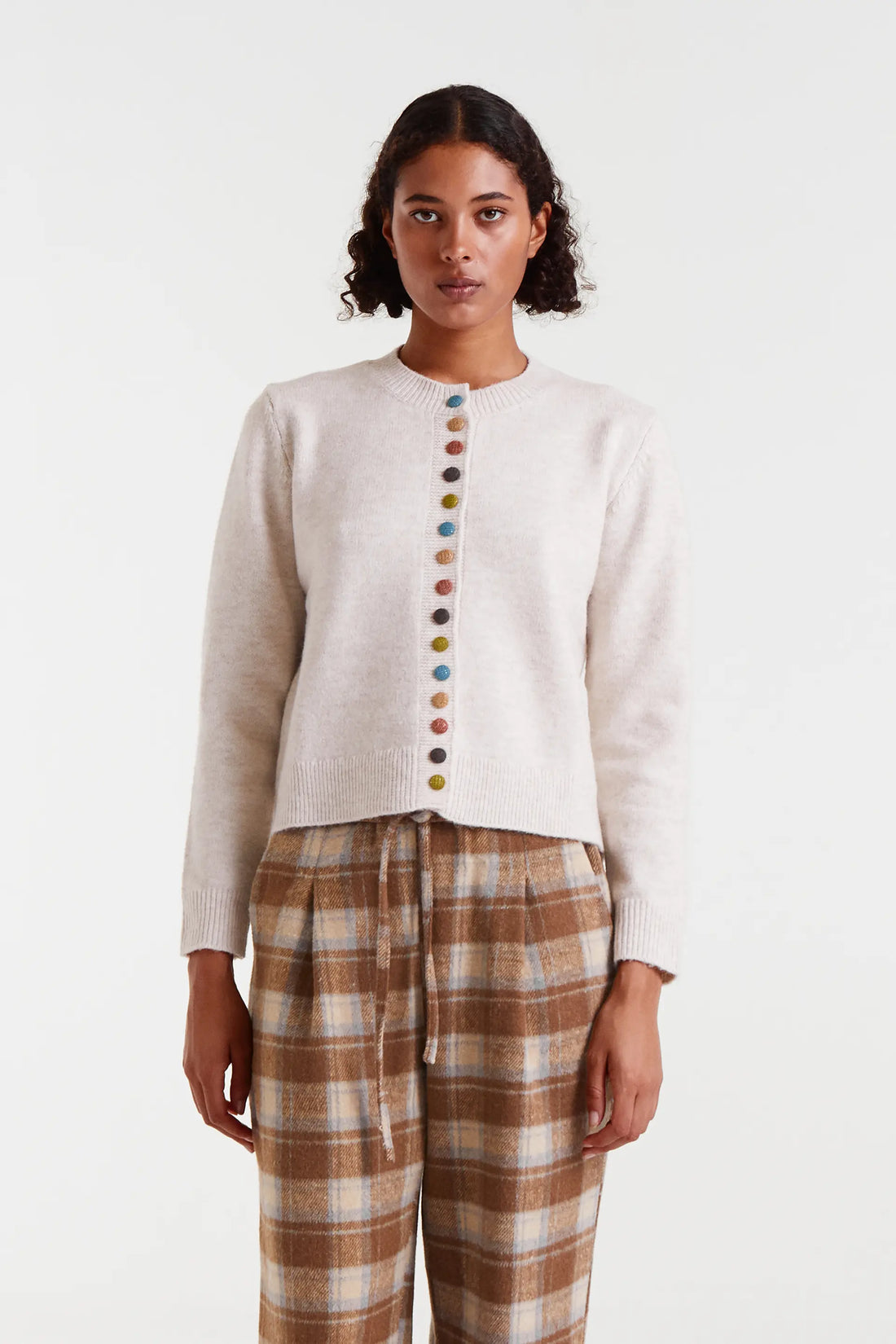 Beige Round Neck Knitted Cardigan