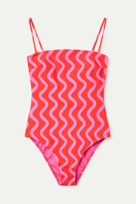 Swimsuit with Straight Neckline, Wave Red & Pink Print