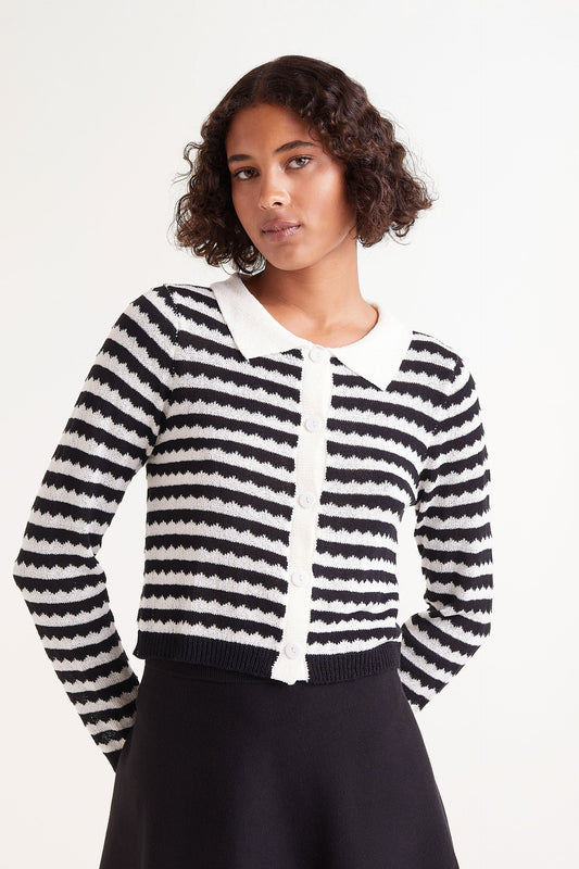 Black Striped Polo Collar Cardigan