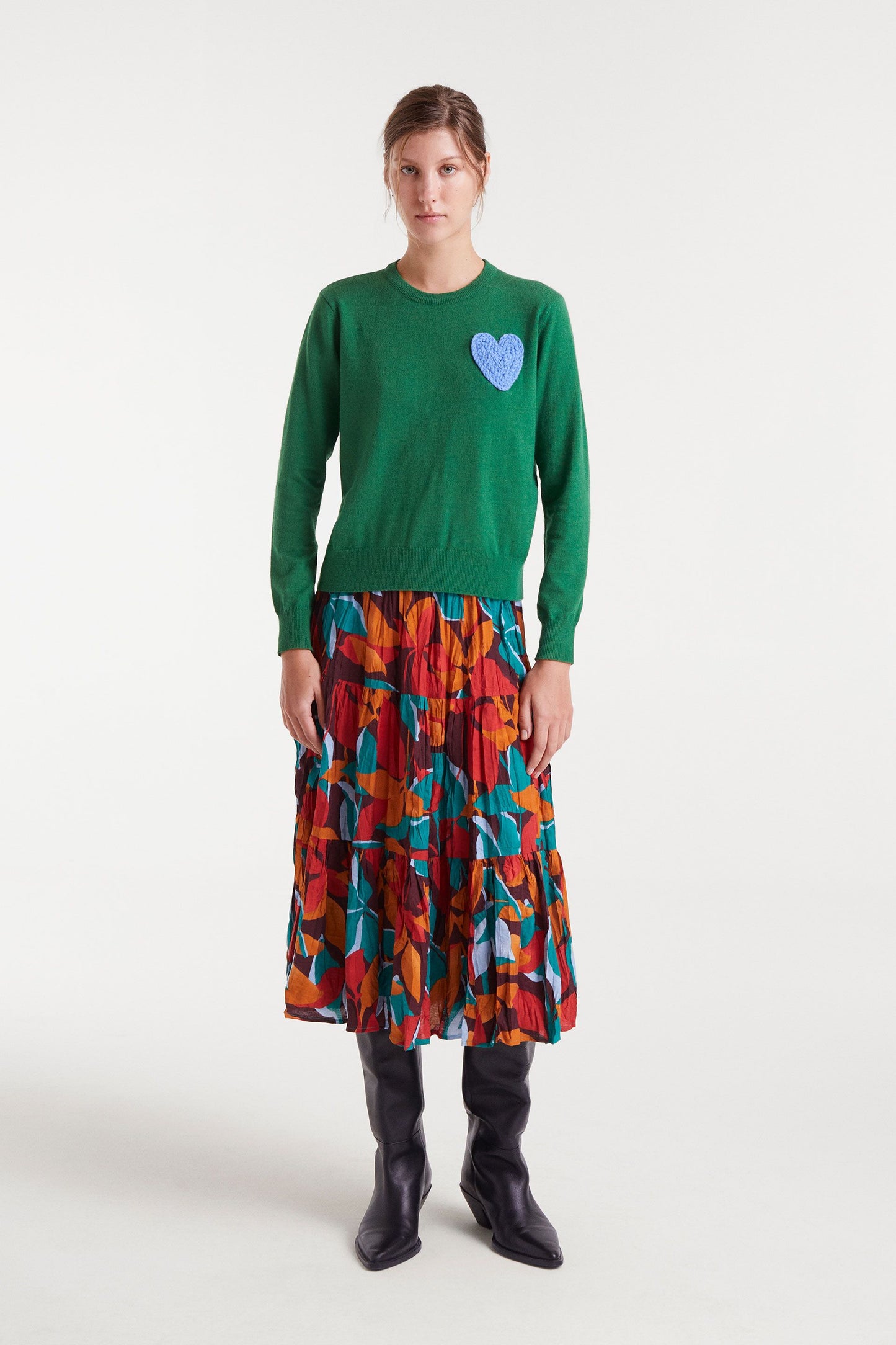 Green knitted Sweater with Heart Print