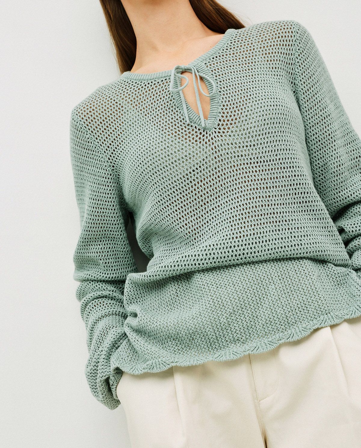 Iight Green Openwork Jumper With Tie