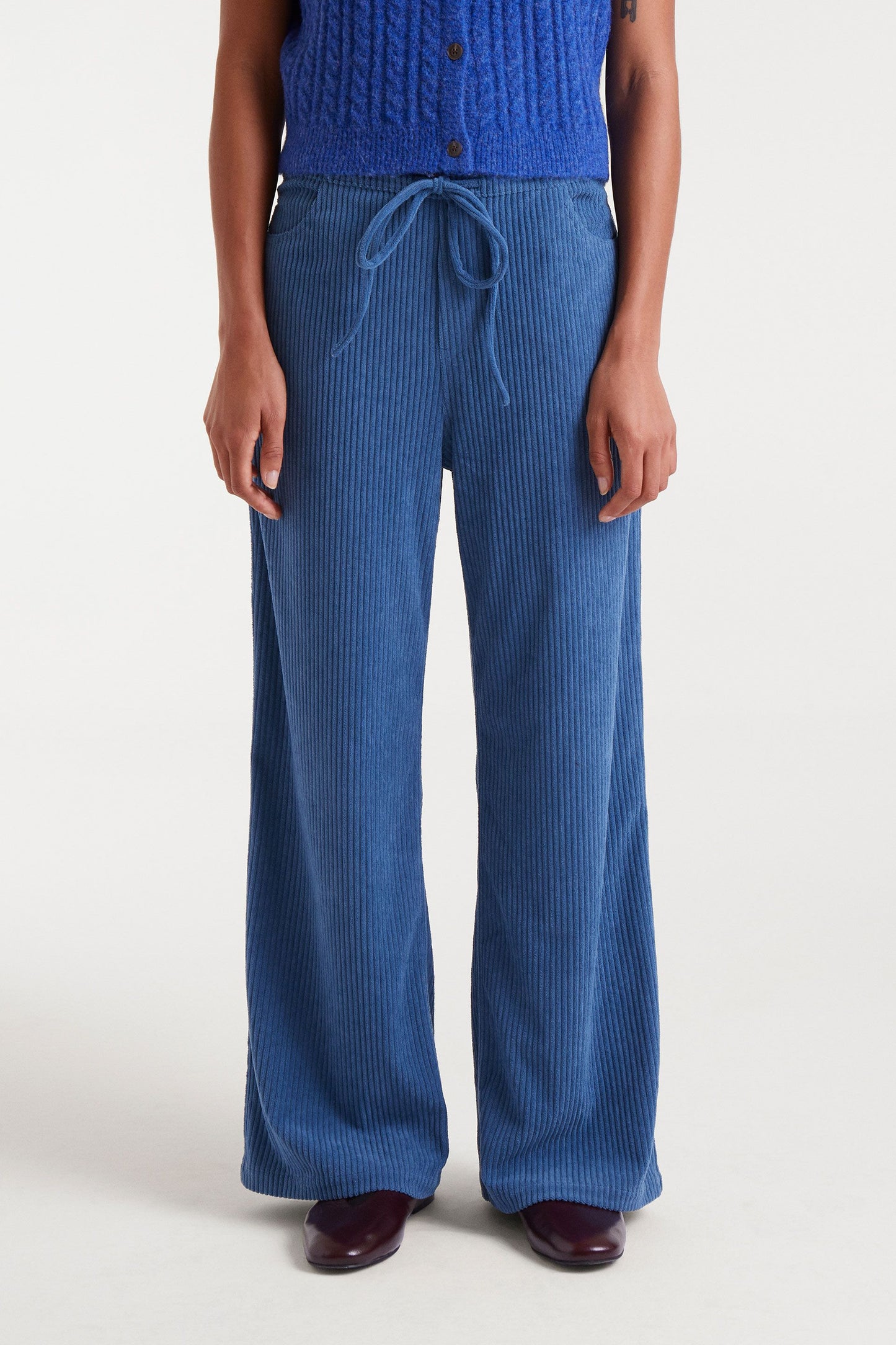 Blue Elasticated Corduroy Straight Pants