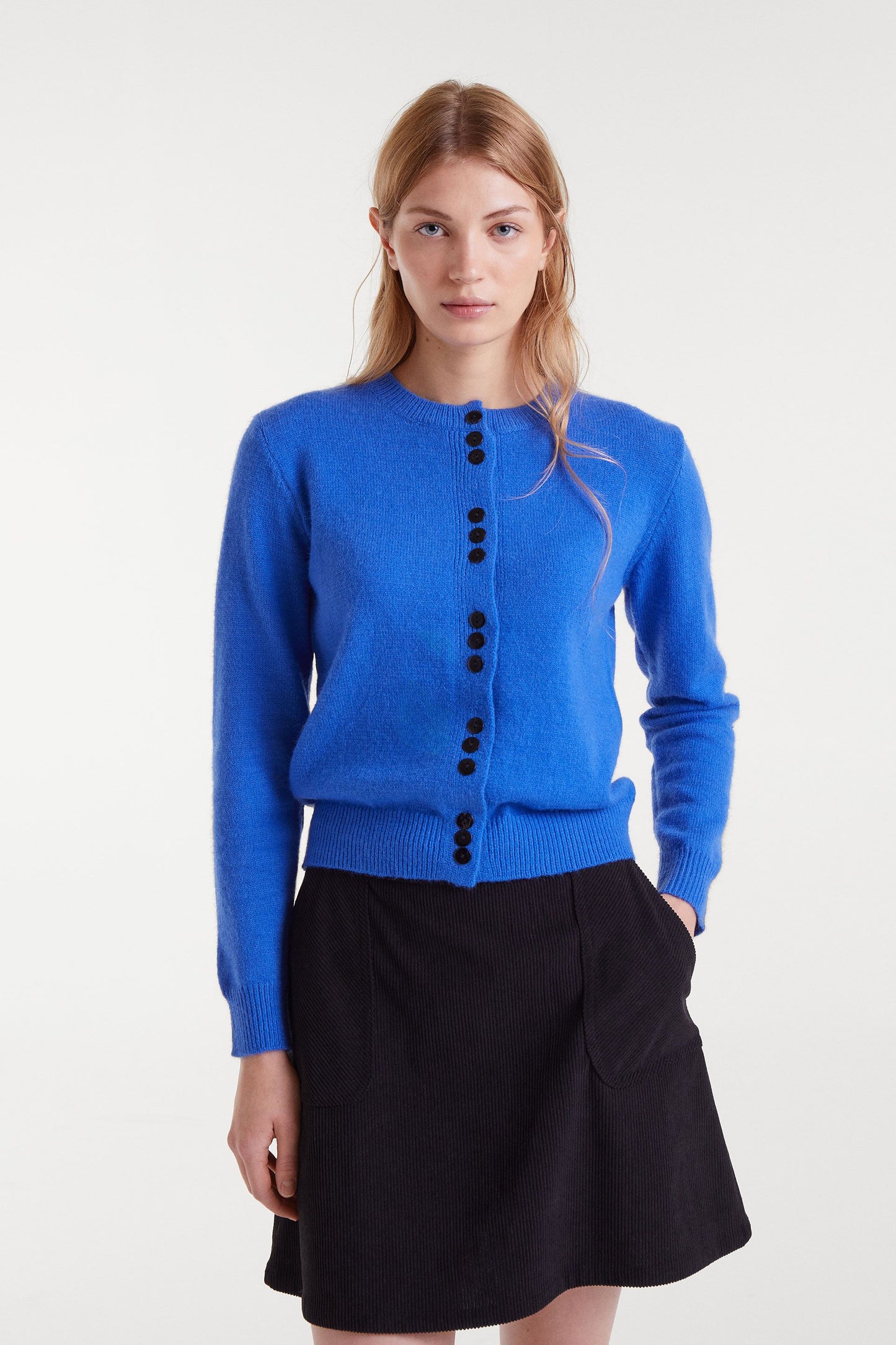 Blue Knit Cardigan with Velvet Details