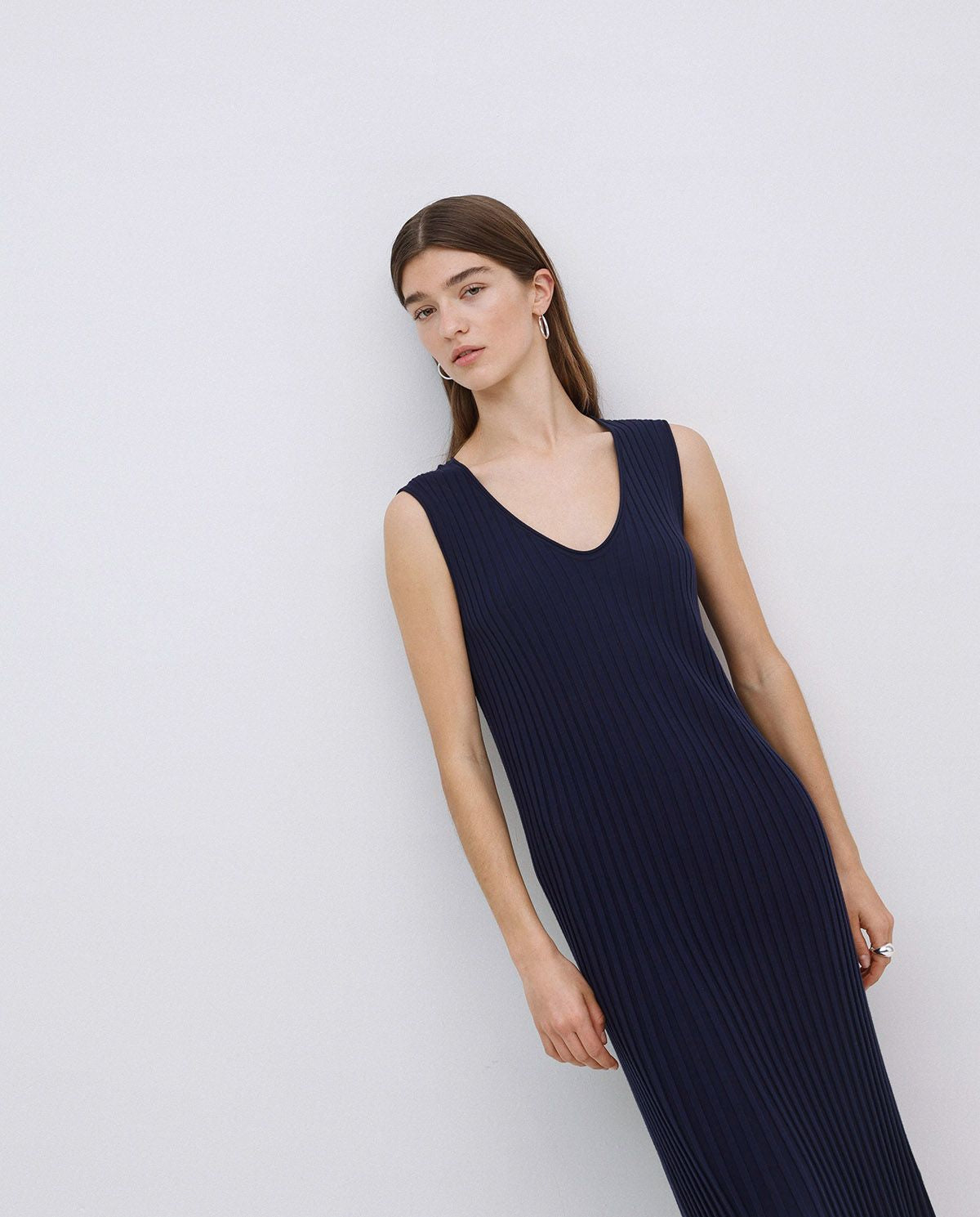 Navy Blue Long Flared Camisole Dress
