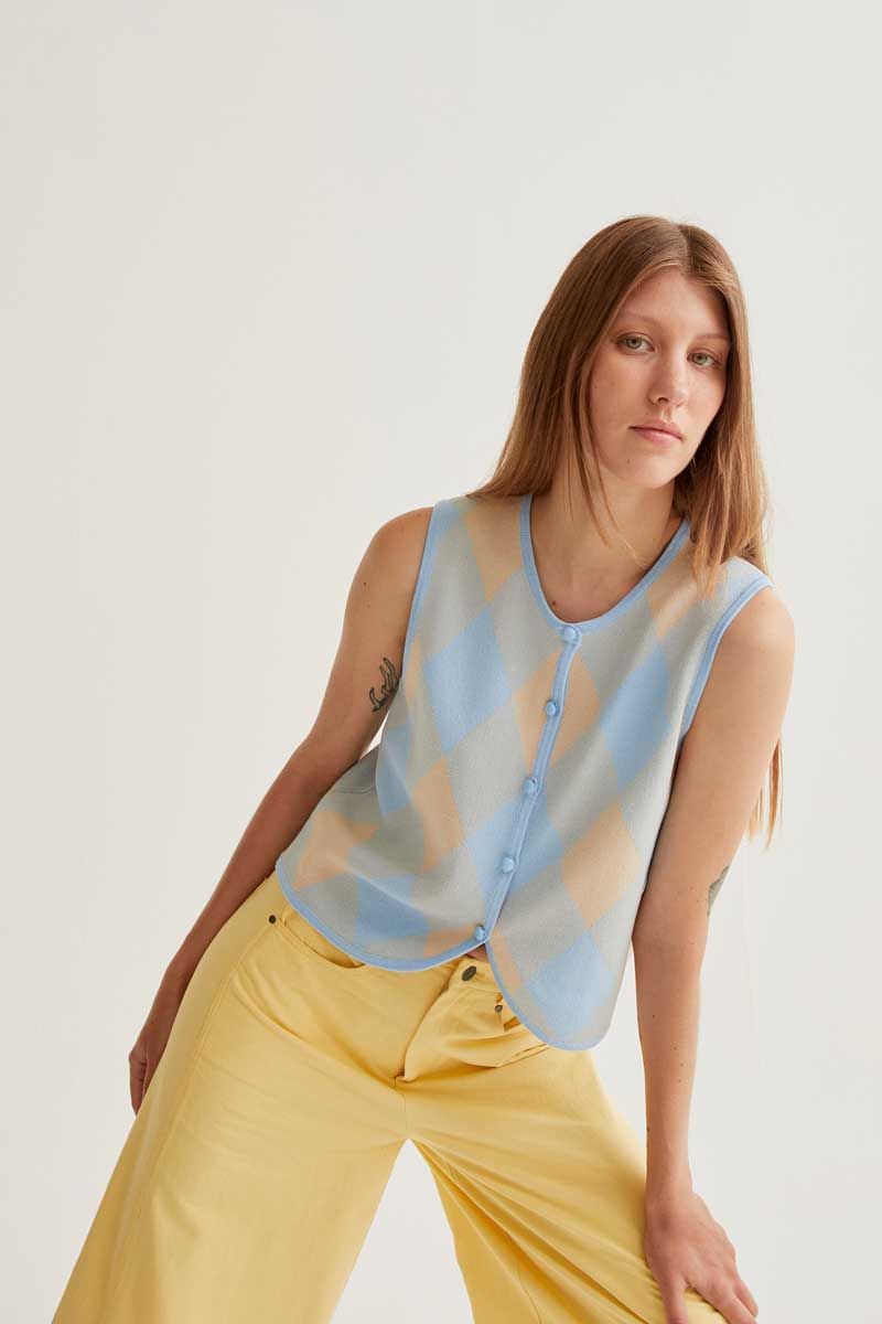 Blue check print knit top