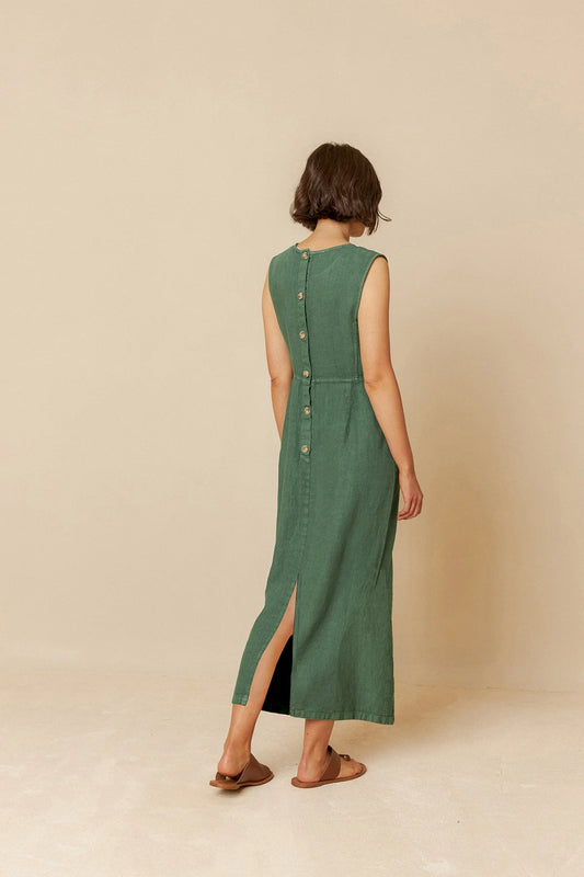 Green Linen Midi Dress