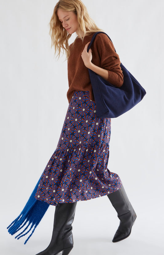 Chocolate Flower Print Midi Skirt