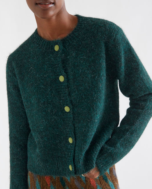 Dark Green Knit Cardigan with Light Green Buttons