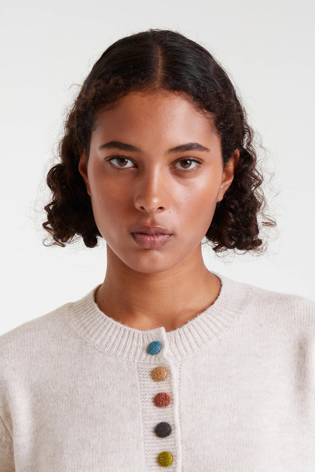 Beige Round Neck Knitted Cardigan