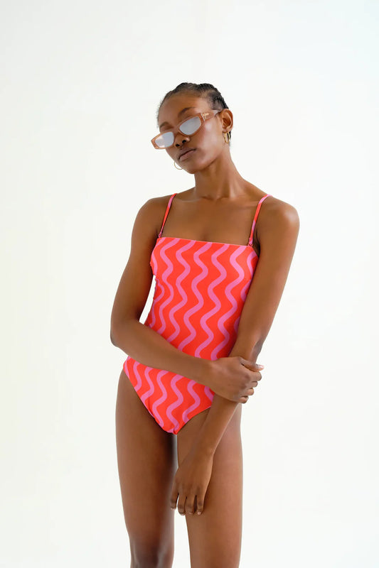Swimsuit with Straight Neckline, Wave Red & Pink Print