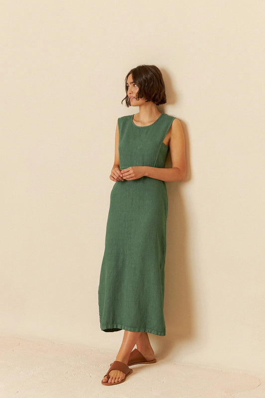 Green Linen Midi Dress