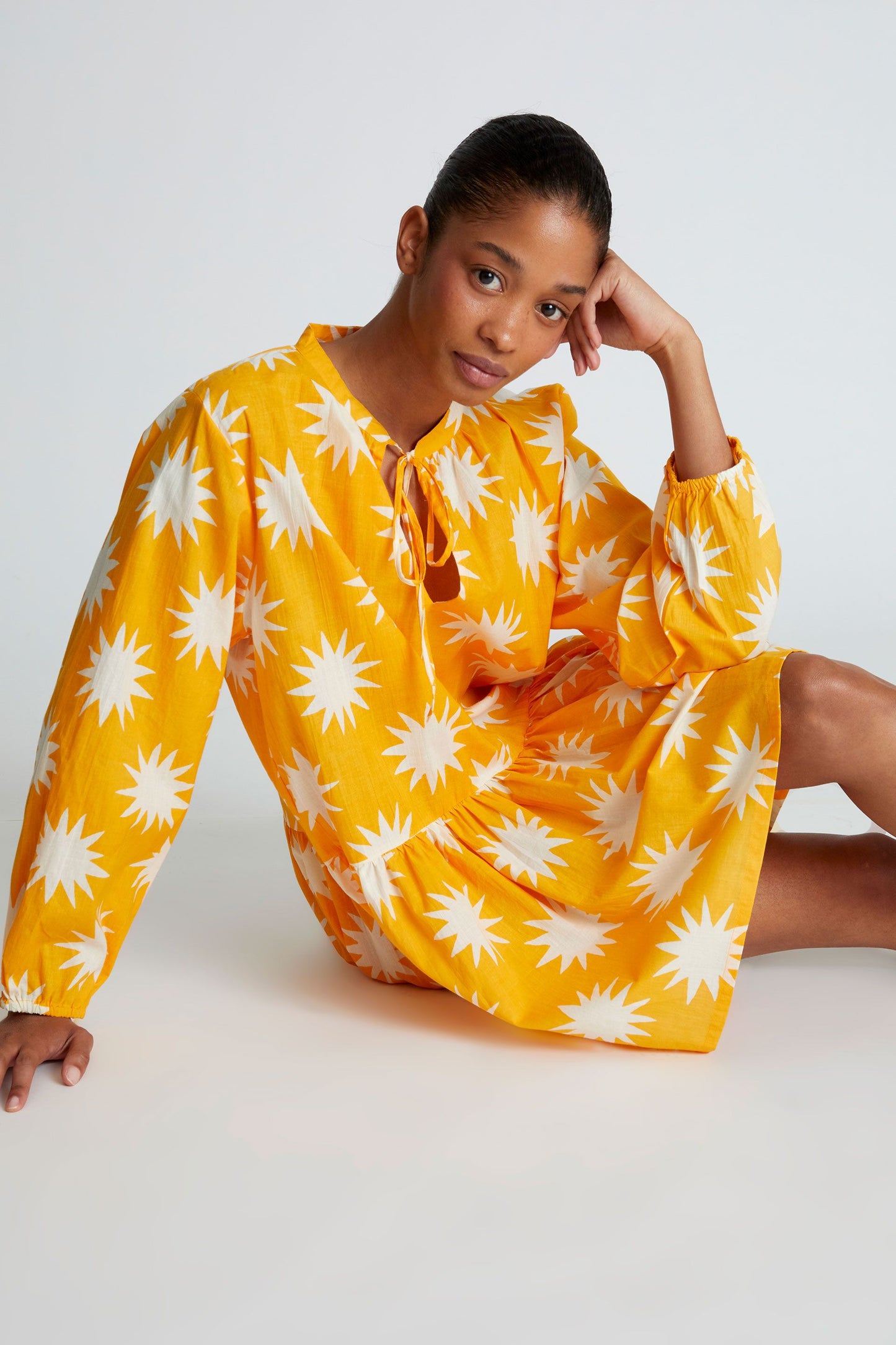 Big Sun Print Long Sleeve Short Dress