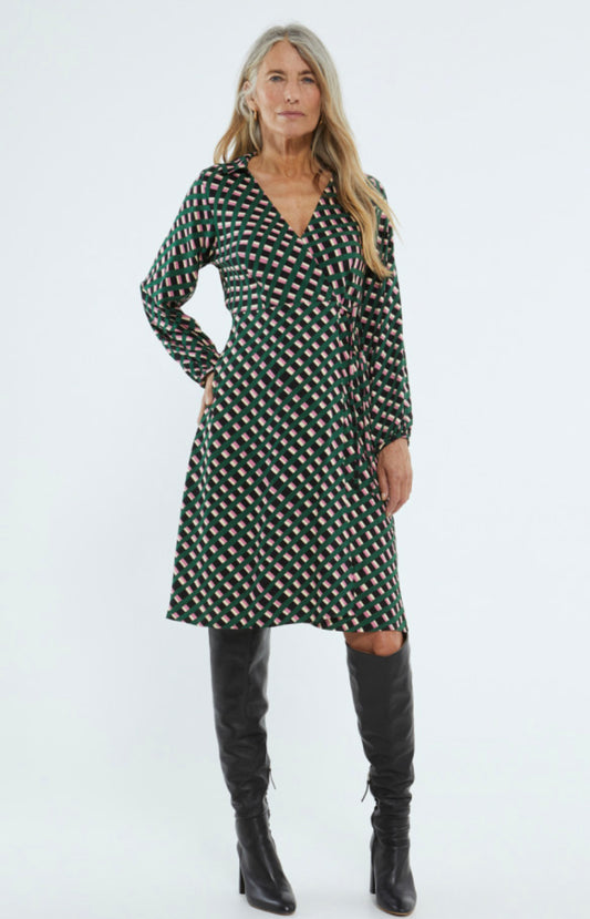 Midi dress with geometric print and a crossed design