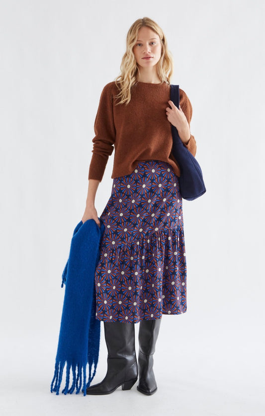 Chocolate Flower Print Midi Skirt