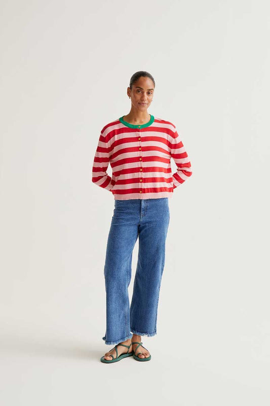 Soft Knit Cardigan With Pink And Red Striped Print