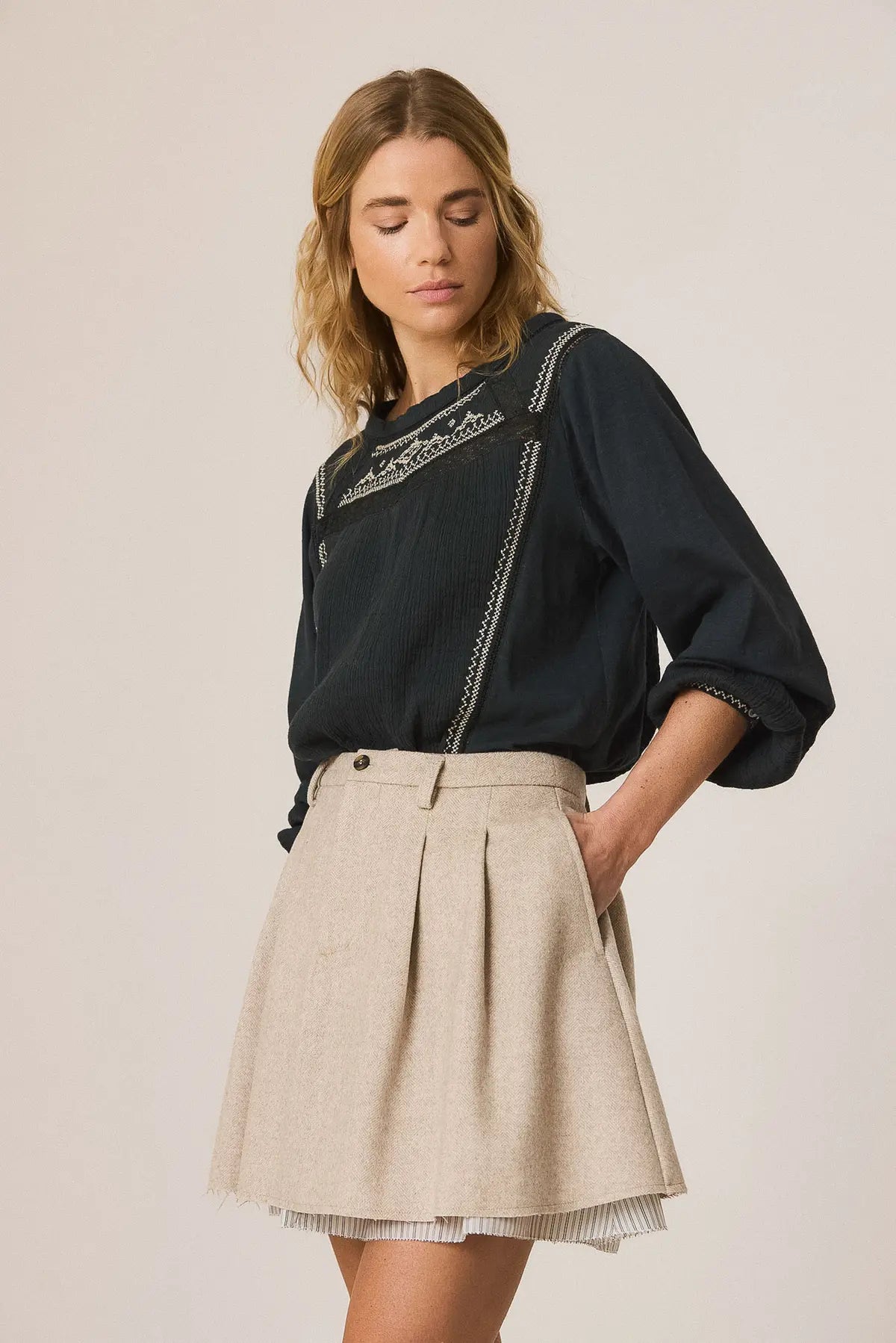 Combination Blouse With Contrast Embroidery