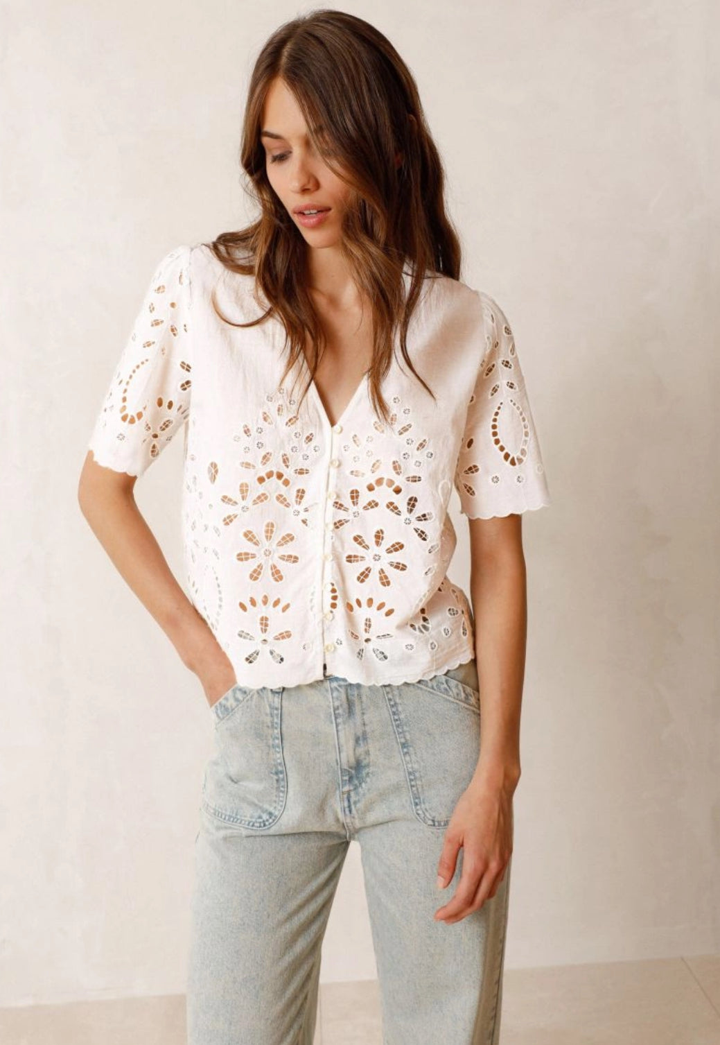 Embroidered white Detailed Button Shirt