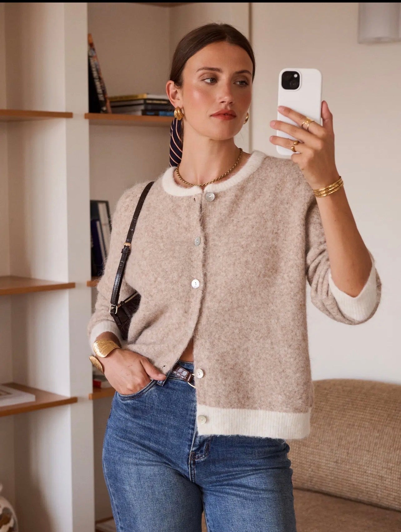 Taupe Two Tone Knitted Cardigan