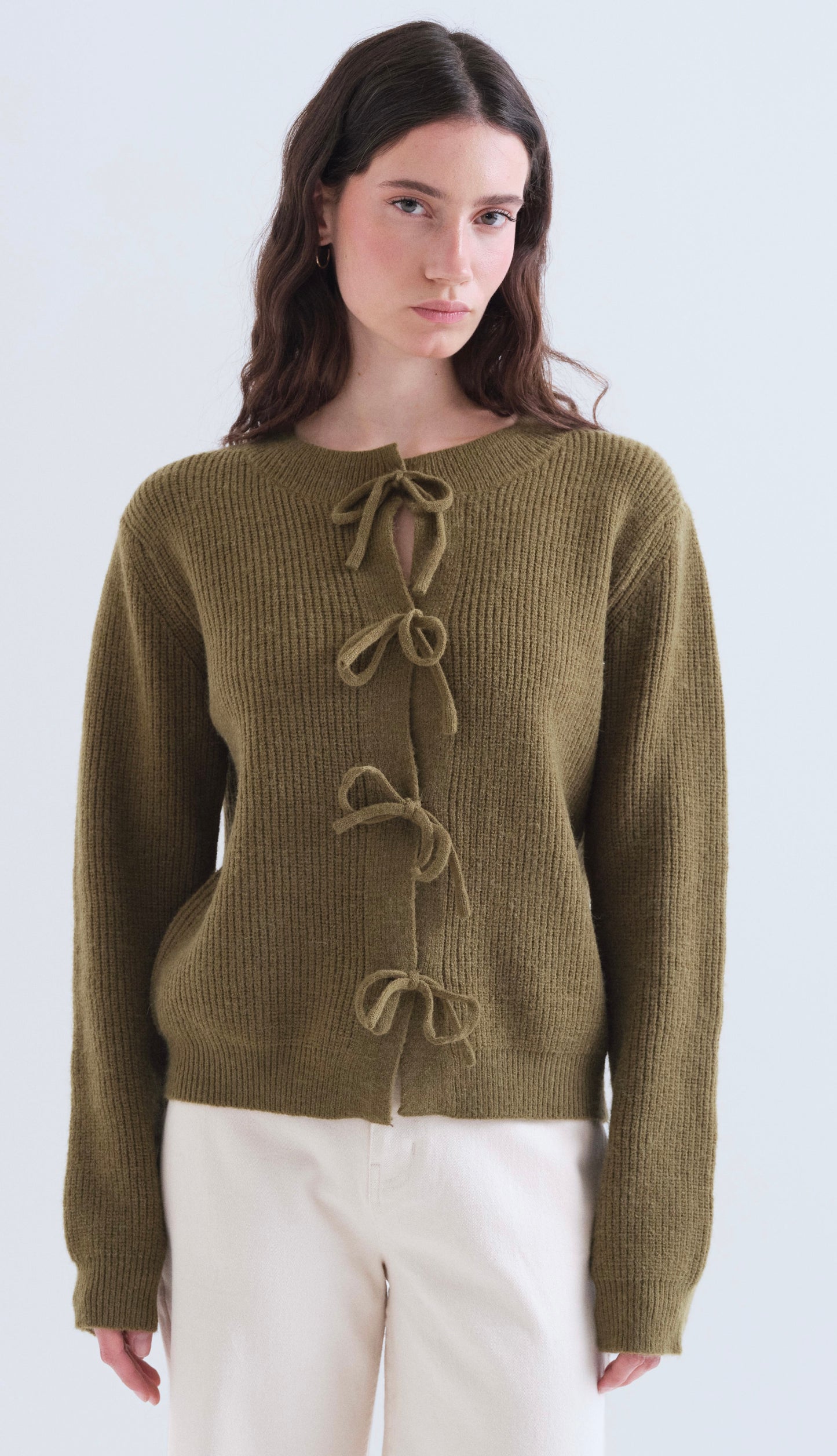 Olive Green Knit Cardigan with Ties