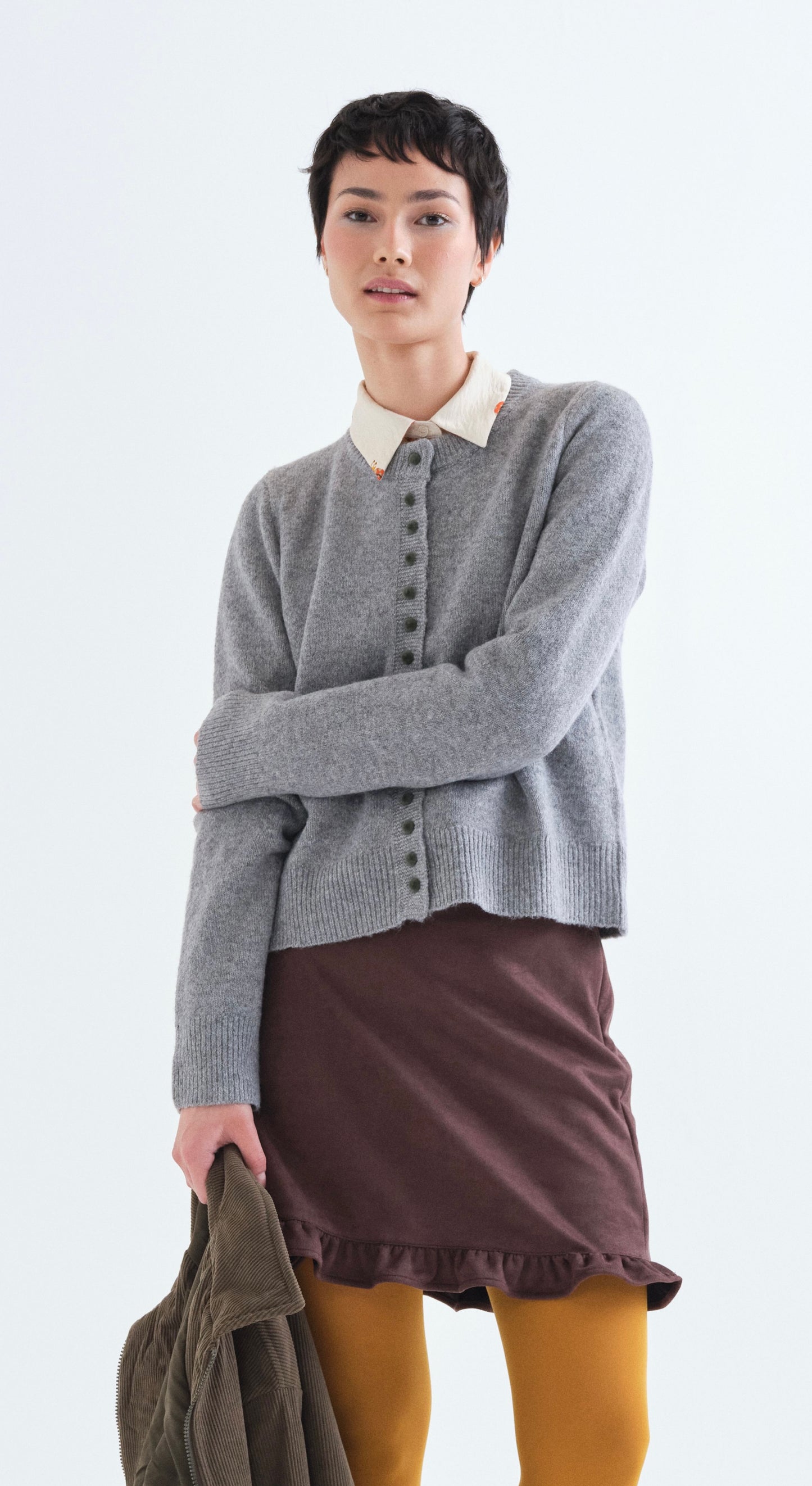 Light Grey Cardigan with Green Buttons