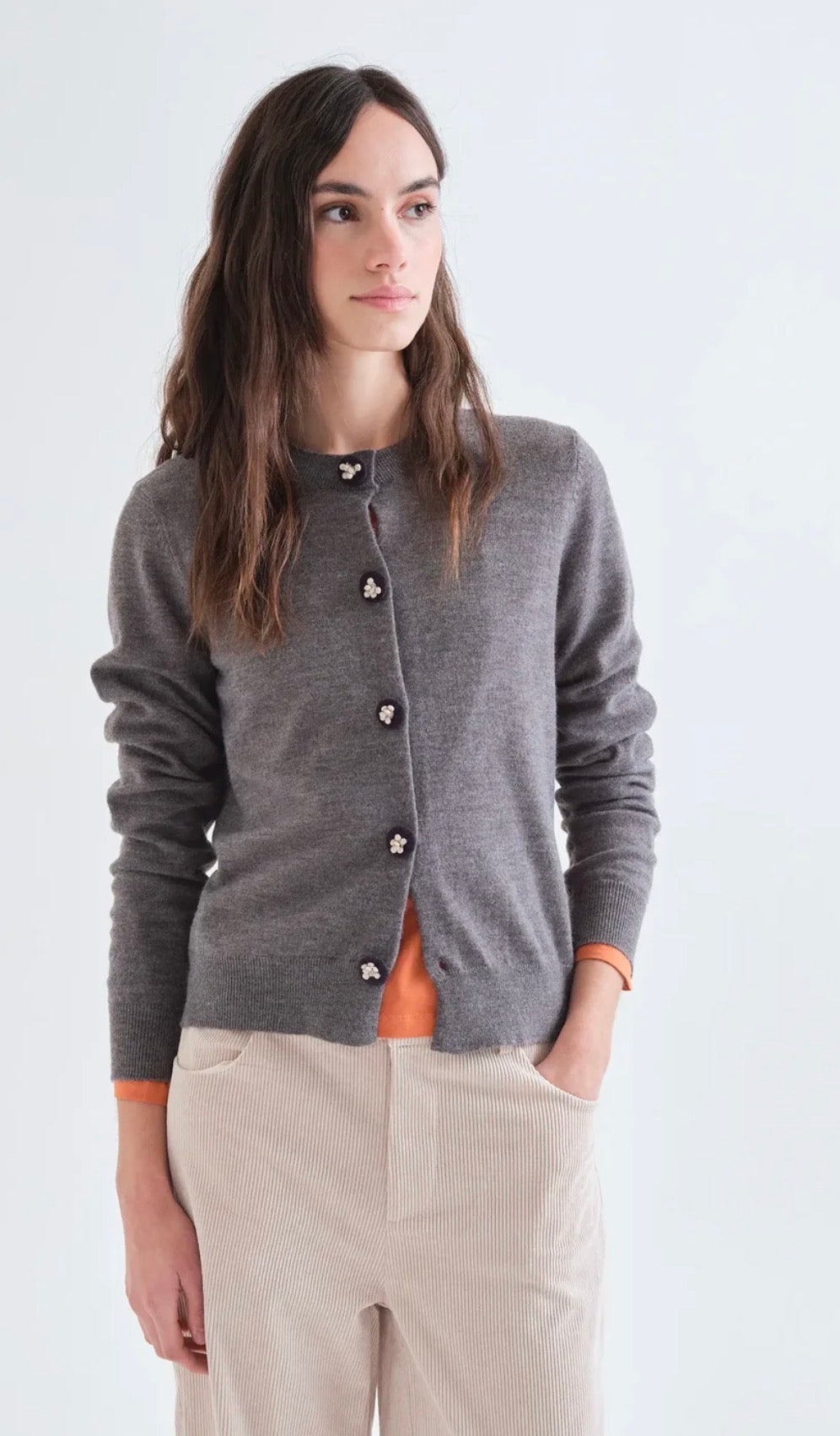 Grey Cardigan with Black Floral Buttons