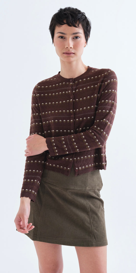 Brown Cardigan with Embroidered Flowers