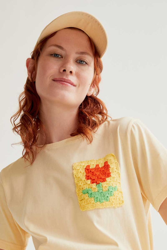 Light Yellow T-shirt with Tulip Embroidery