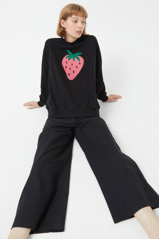 Black Strawberry Print Sweatshirt