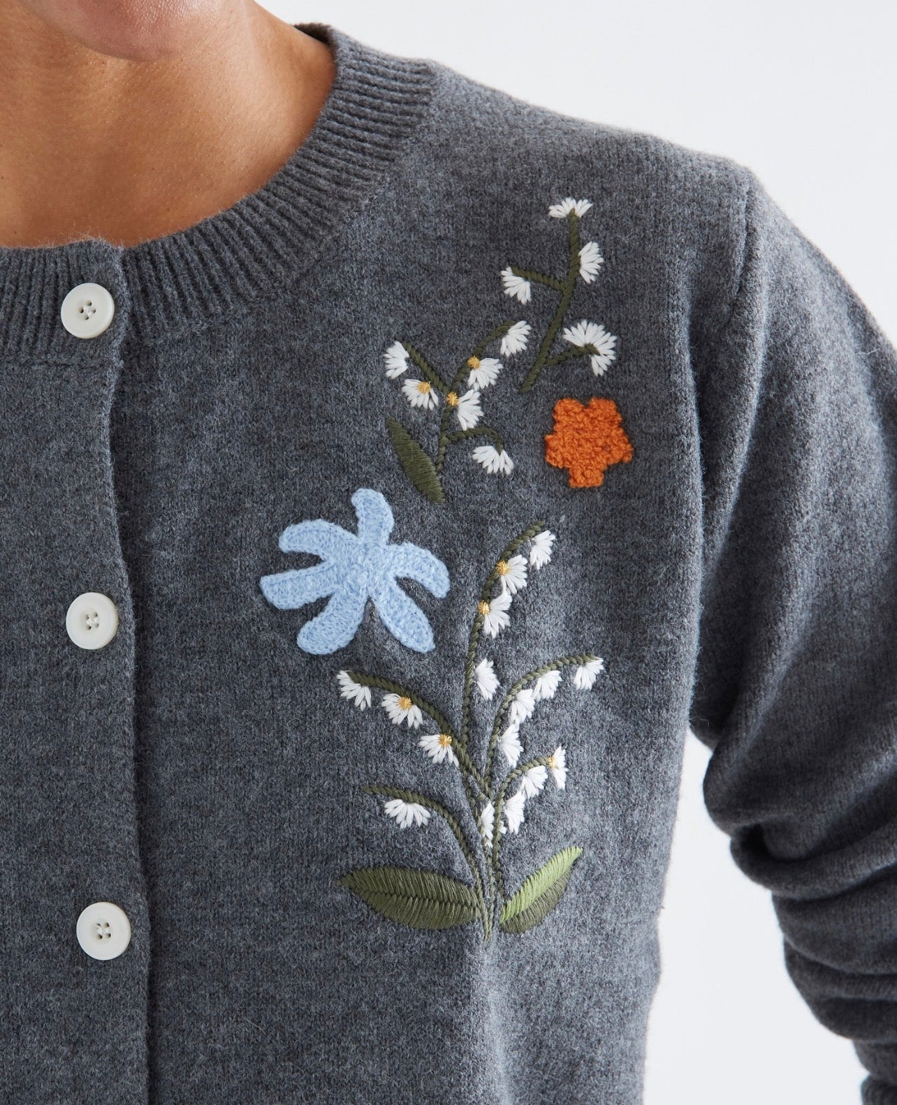 Grey Wool Blend Cardigan with Floral Embroidery