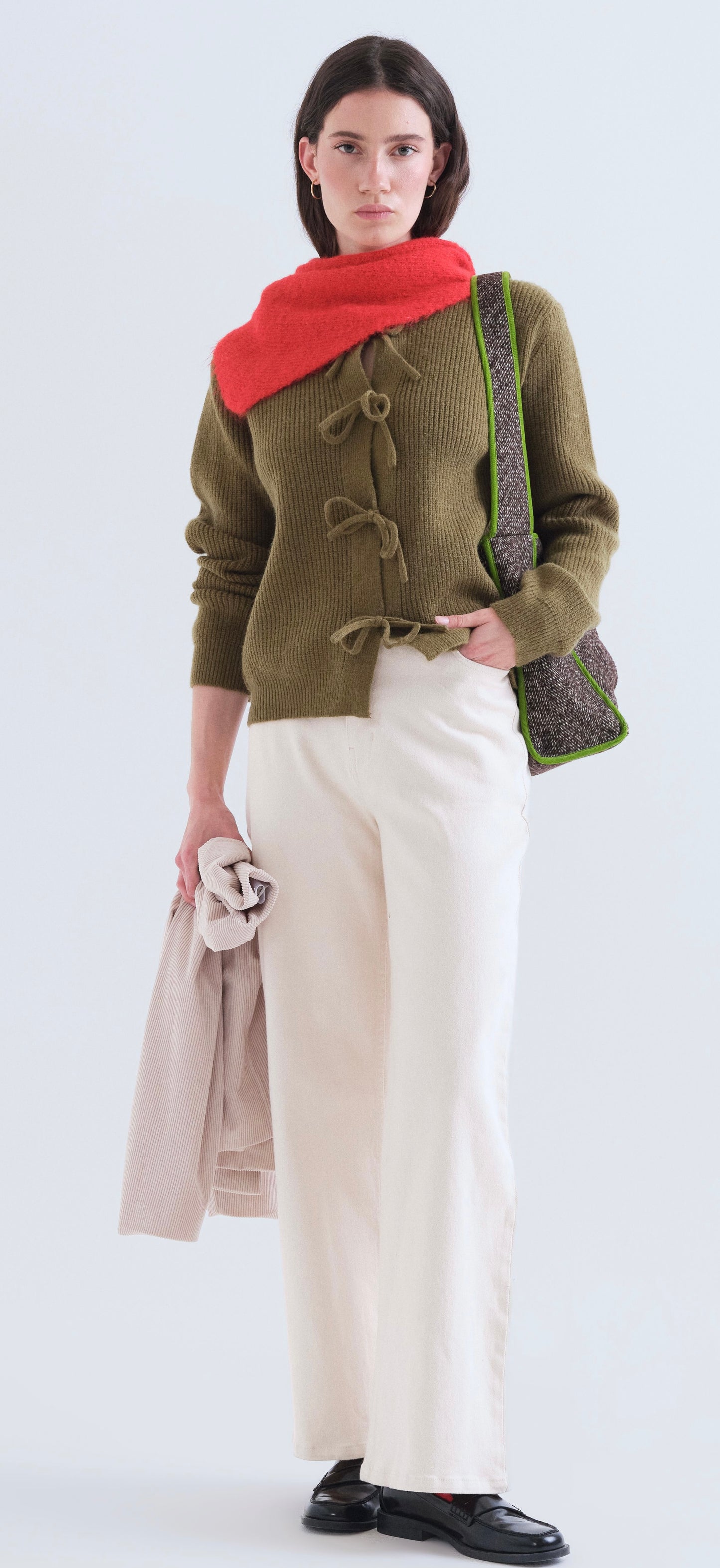 Olive Green Knit Cardigan with Ties