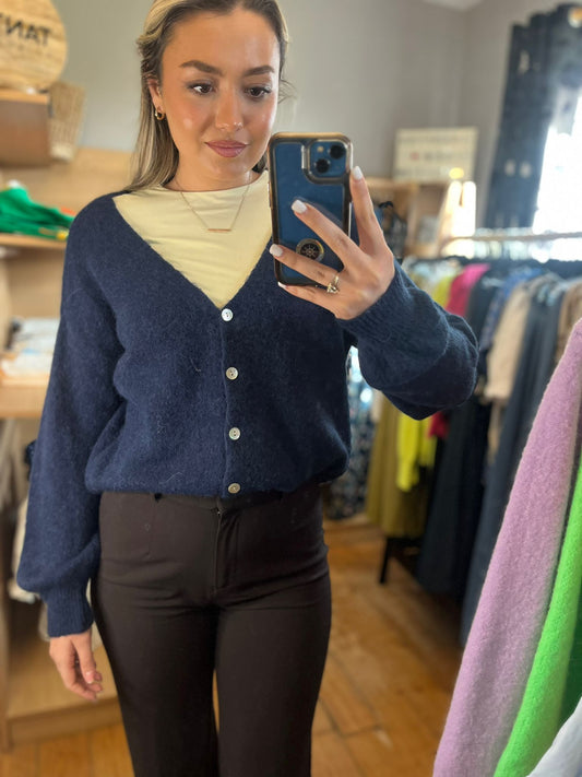 Navy V Neck Superfine Alpaca and Wool Cardigan