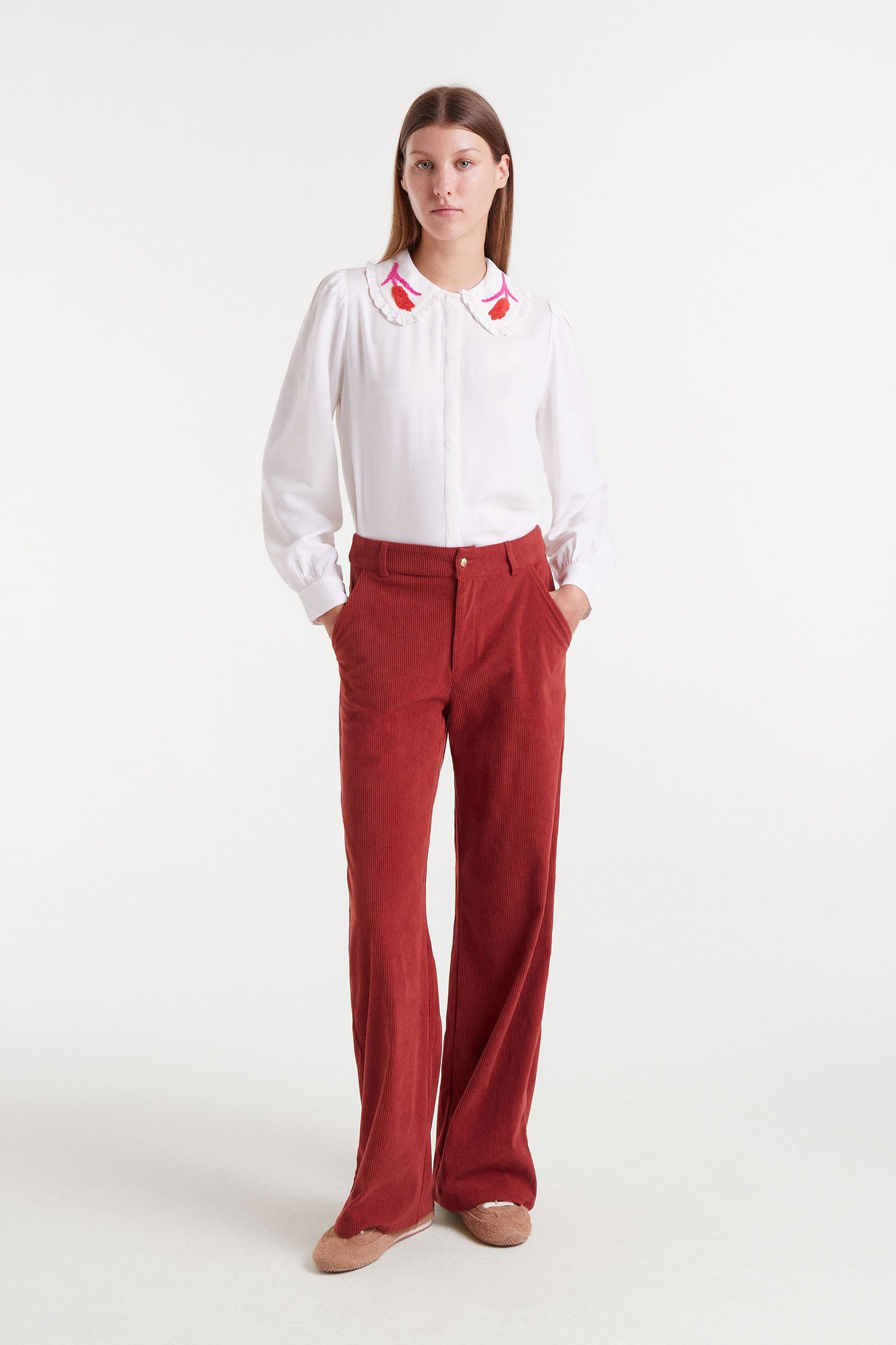 White Shirt with Tulip Embroidery