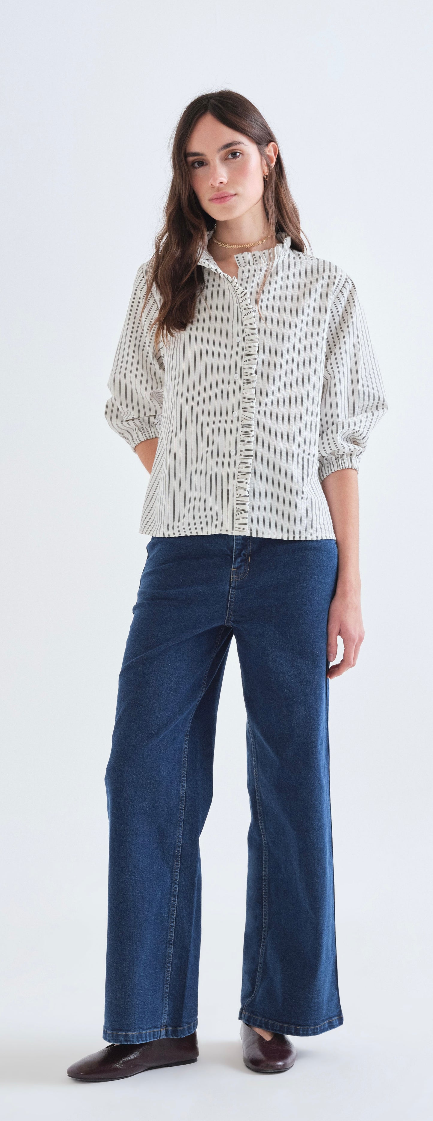 Black Striped Shirt with Ruffle Detail