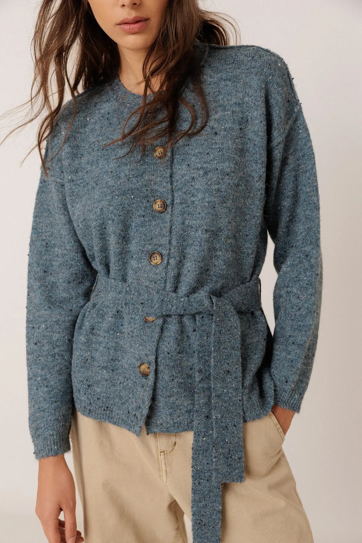 Blue Adjustable-Belted Cardigan
