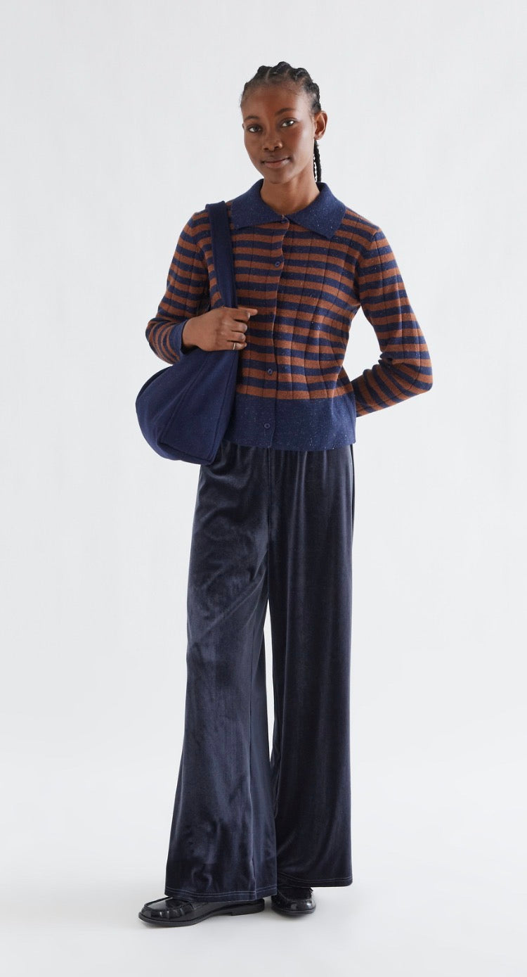 Navy and Brown Striped Knit Cardigan