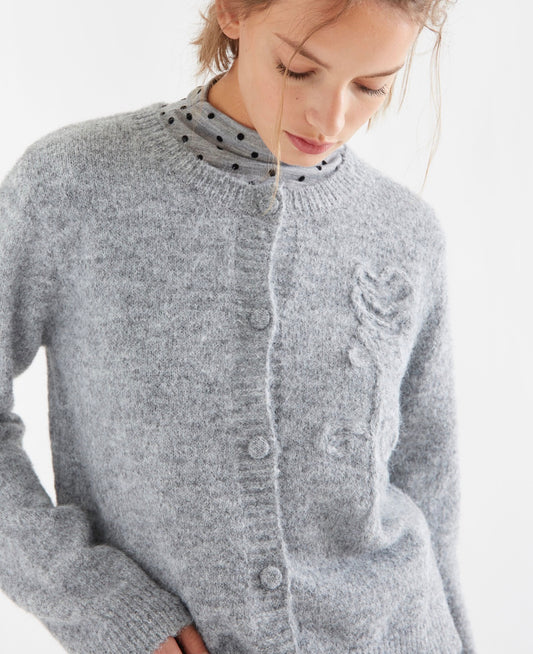 Cardigan Grey Knit With Flower