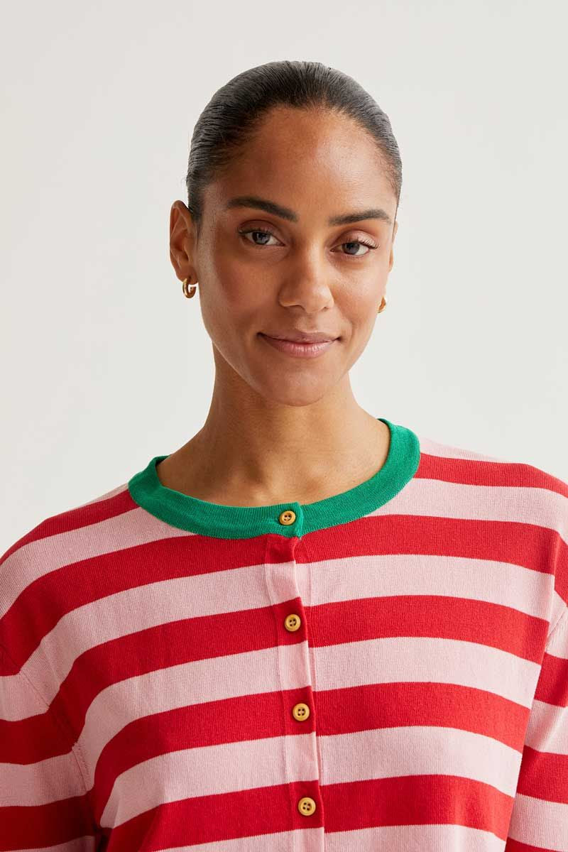 Soft Knit Cardigan With Pink And Red Striped Print
