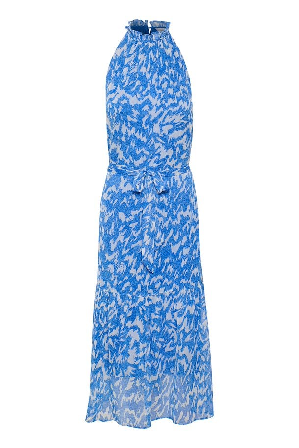 Midi Sleeveless Blue Printed Halter Dress