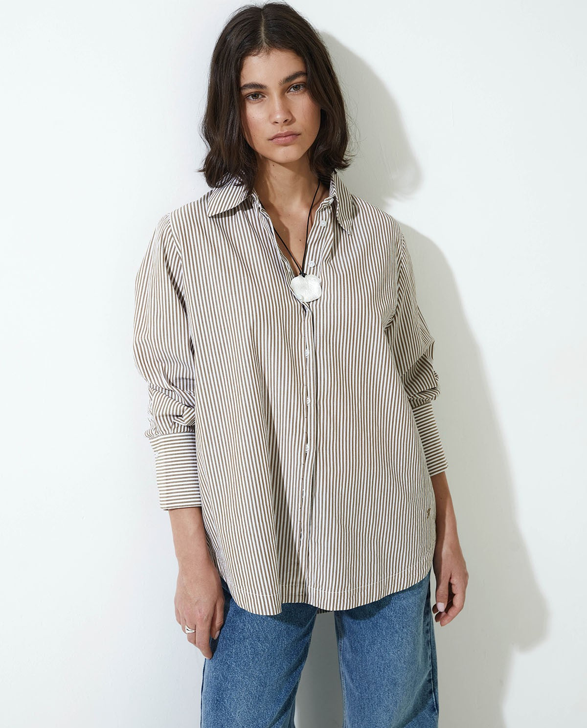 Camel Striped Organic-Cotton Poplin Shirt