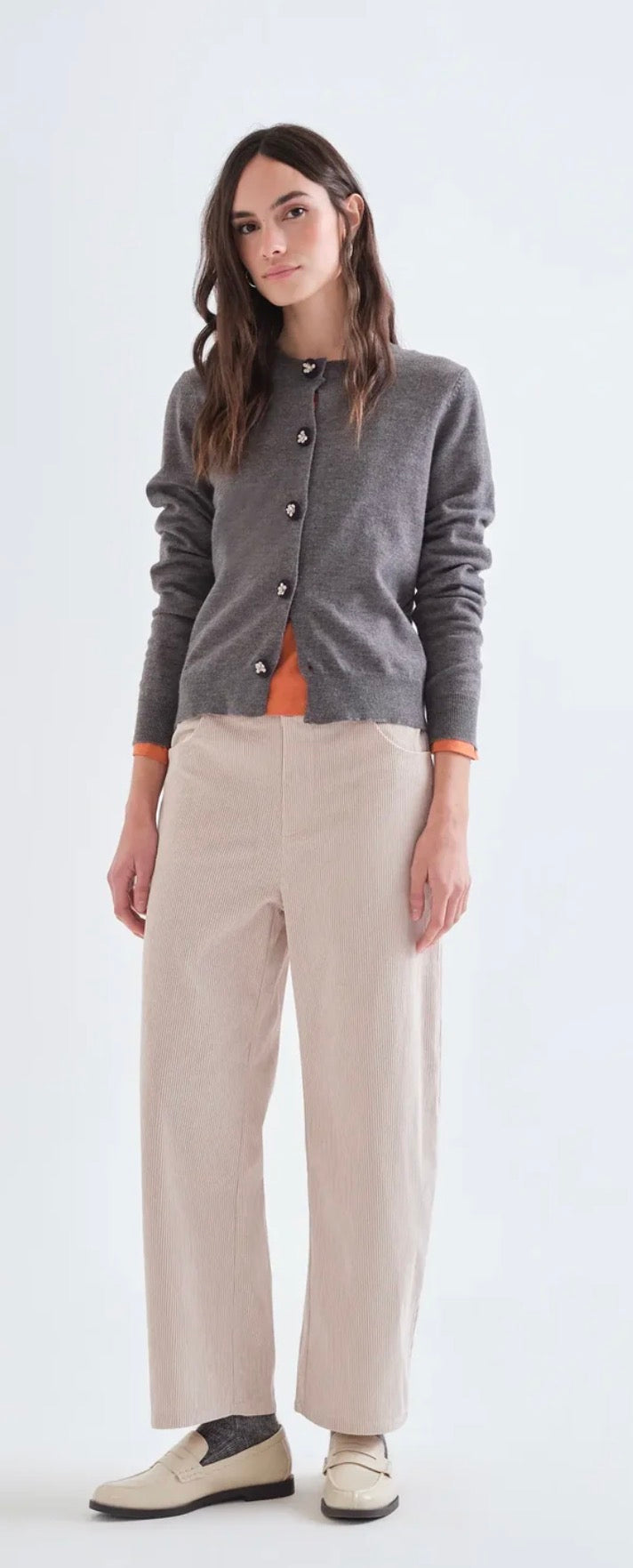 Grey Cardigan with Black Floral Buttons