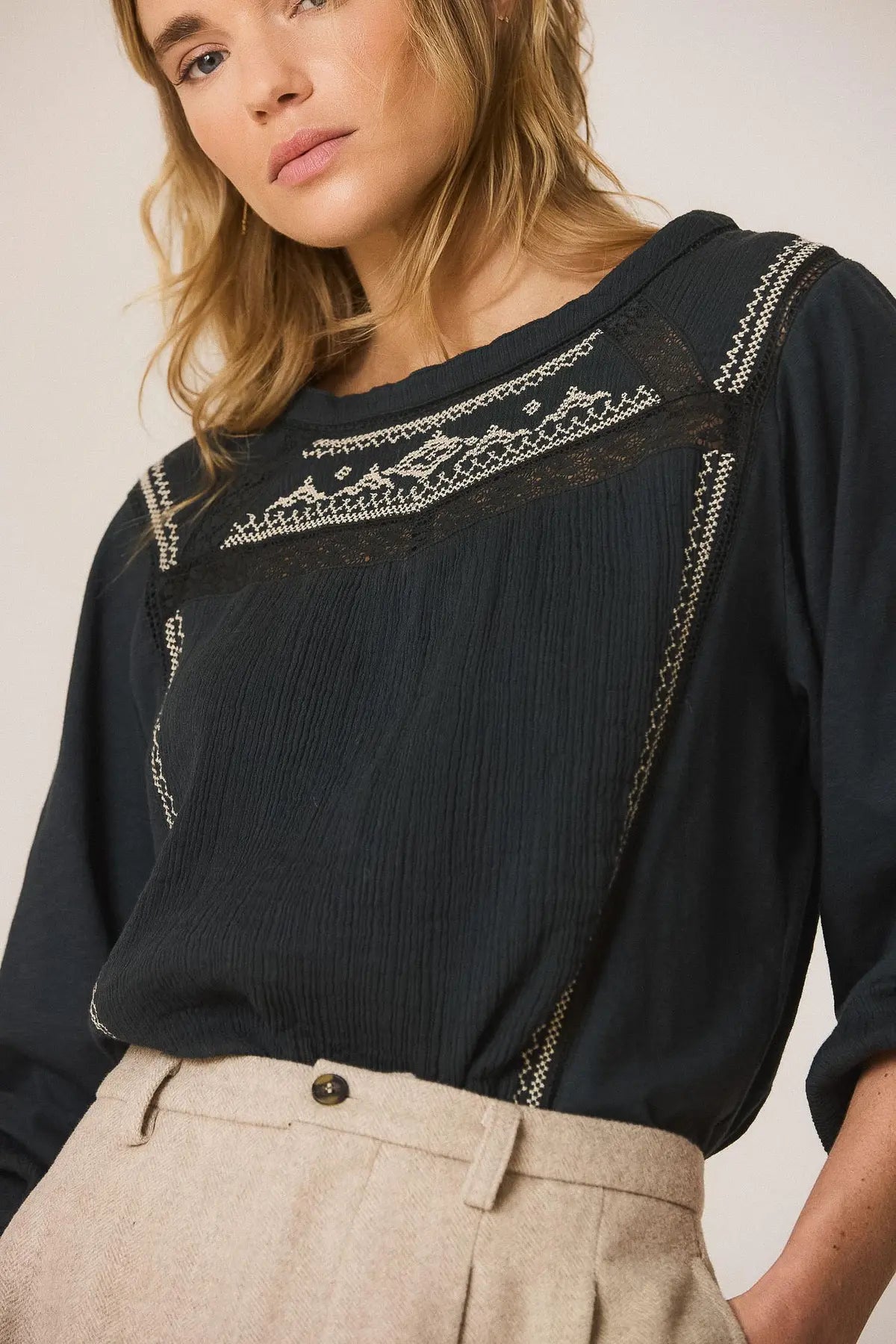 Combination Blouse With Contrast Embroidery