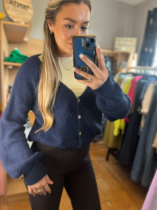 Navy V Neck Superfine Alpaca and Wool Cardigan